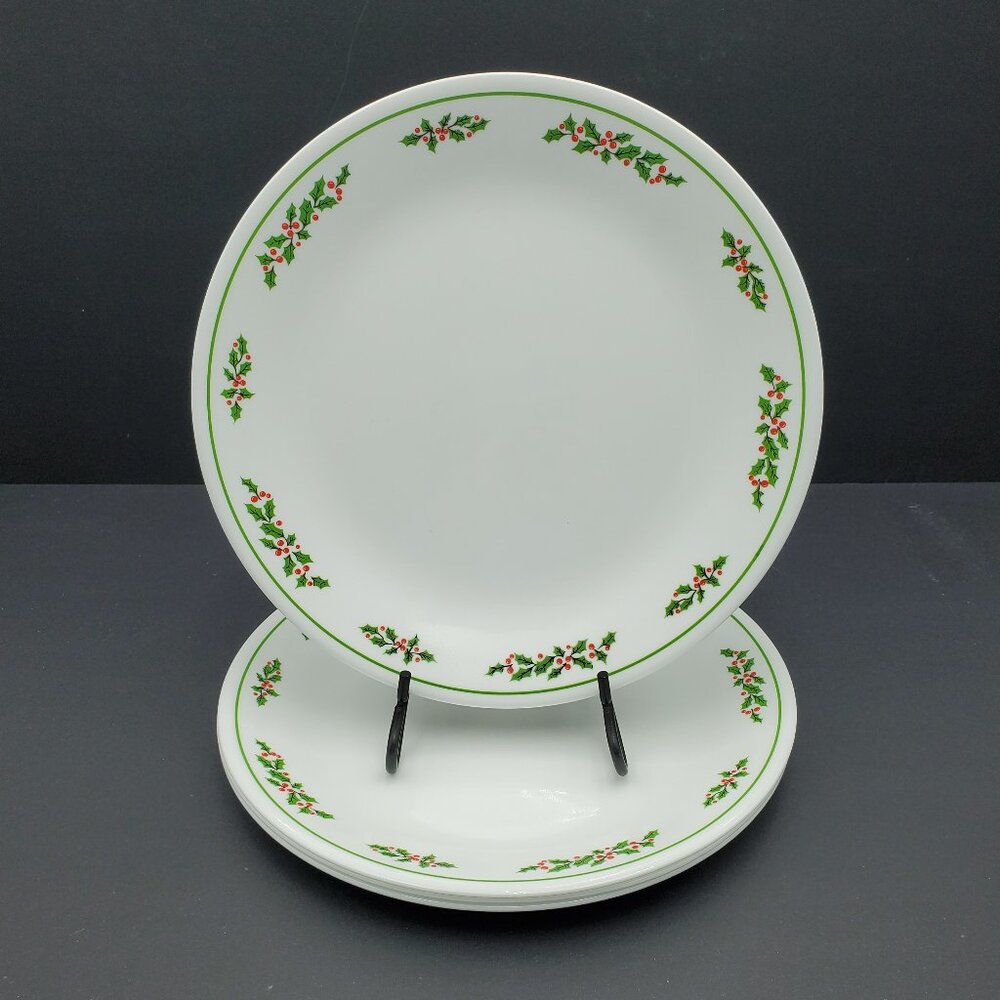 Corelle Holly Days Dinner Plates Holiday Holly Leaves Berries Green Band Plates